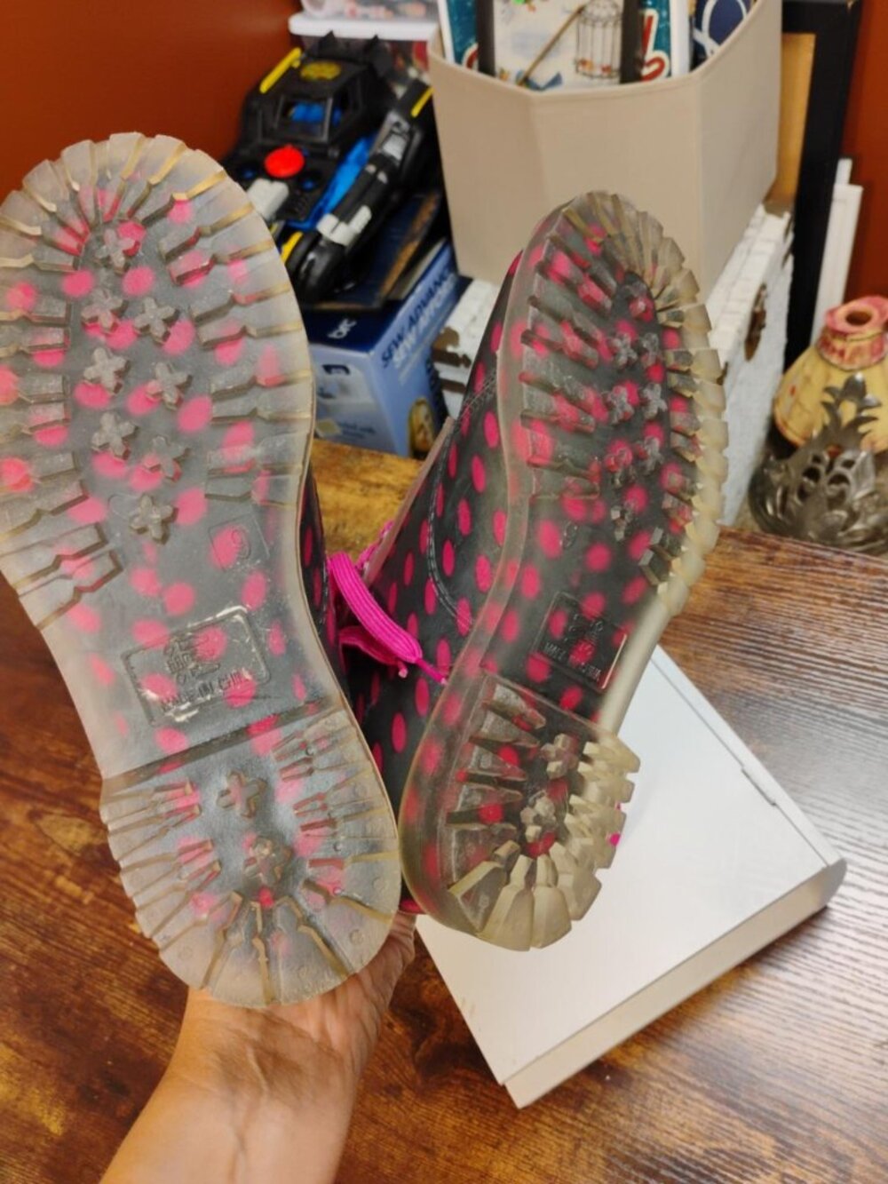 Bongo Pink Polka Dot Clear Combat Rain Boots Lace Up Size 9 - Picture 4 of 4